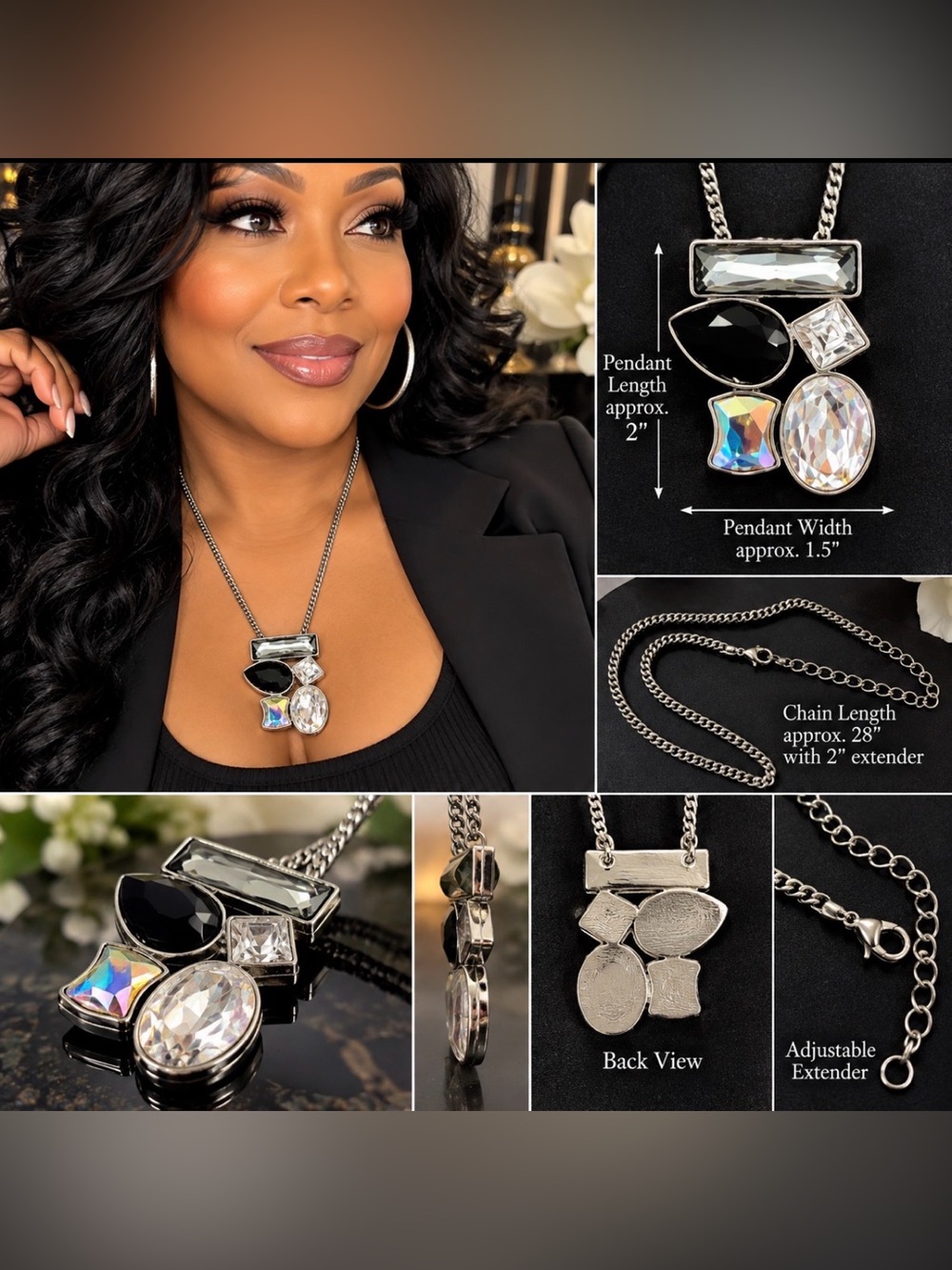 Women’s Statement Crystal Cluster Pendant Necklace - Black & Clear